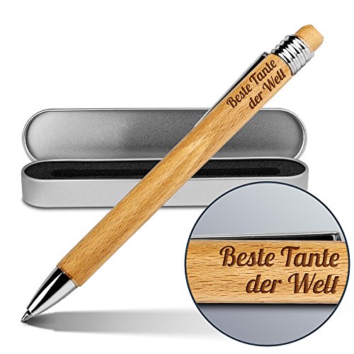 printplanet Kugelschreiber mit Namen Beste Tante der Welt - Gravierter Holz-Kugelschreiber inkl. Metall-Geschenkdose von printplanet