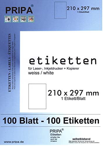 B&S .pripa. Etikettenformat 210 x 297, 100 Blatt DIN A4 vollflächig selbstklebende Etiketten von pripa