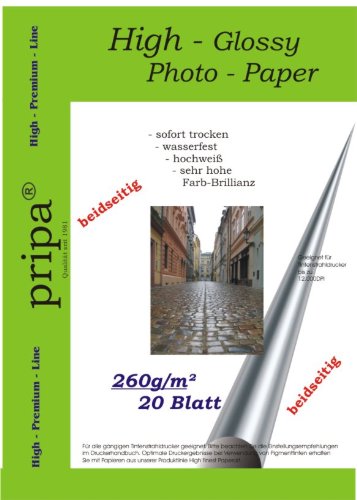 BEIDSEITIG pripa 20 Blatt Fotopapier DIN A4 260g/qm - beidseitig glossy (glaenzend) - sofort trocken - wasserfest - hochweiß - sehr hohe Farbbrillianz fuer InkJet Drucker (Tintenstrahldrucker). von pripa