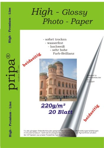 beidseitig pripa 20 Blatt Fotopapier Photopapier A4, 220g - beidseitig glossy glaenzend - sofort trocken - wasserfest - hochweiß - sehr hohe Farbbrillianz fuer InkJet – Tintenstrahl Drucker von pripa