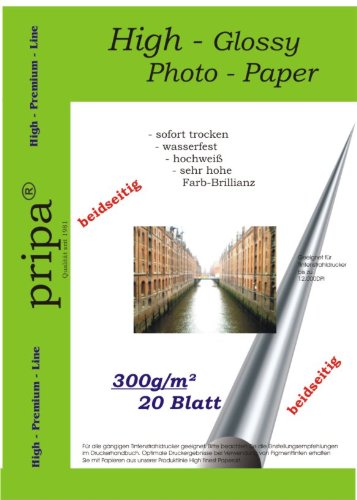 beidseitig pripa 20 Blatt Fotopapier Photopapier A4, 300g - beidseitig glossy glaenzend - sofort trocken - wasserfest - hochweiß - sehr hohe Farbbrillianz fuer InkJet – Tintenstrahl Drucker von pripa