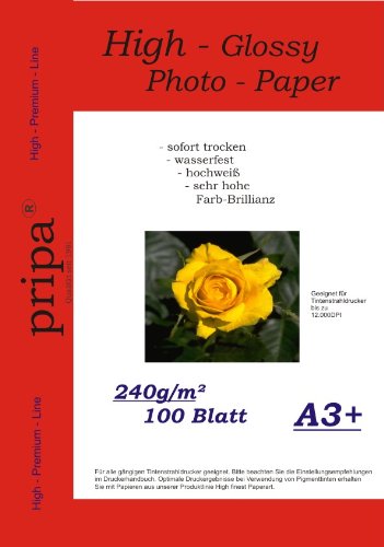 pripa 100 Blatt A 3 +, 480 x 330 mm, 240g, high-glossy glanz - sofort trocken - wasserfest - hochweiß - sehr hohe Farbbrillianz, fuer InkJet - Tintenstrahl -Drucker von pripa