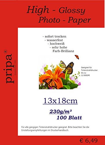 pripa 100 Blatt Fotopapier 13 x 18 cm, 230g/qm, high -glossy glanz -sofort trocken -wasserfest-hochweiß-sehr hohe Farbbrillianz, fuer InkJet Drucker von pripa