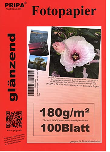 pripa 100 Blatt Fotopapier A4, 180g /qm, high –glossy -sofort trocken –wasserfest - hochweiß-sehr hohe Farbbrillianz, fuer InkJet-Tinten- Drucker von pripa