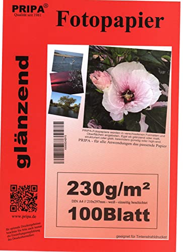 pripa 100 Blatt Fotopapier A4, 230g /qm, high –glossy -sofort trocken –wasserfest - hochweiß-sehr hohe Farbbrillianz, fuer InkJet-Tinten- Drucker von pripa