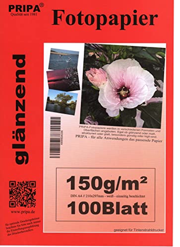 pripa 100 Blatt Fotopapier DIN A4, 150g/qm, high -glossy glaenzend -sofort trocken -wasserfest-hochweiß-sehr hohe Farbbrillianz, fuer InkJet Tinten Drucker von pripa