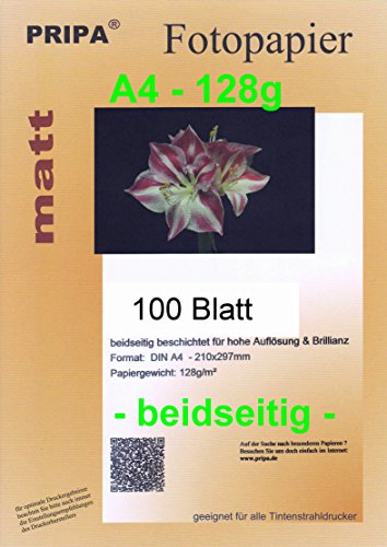 pripa 100 Blatt InkJet Fotopapier - matt beidseitig beschichtet - ohne Glanz -DinA4-210x297-128g - Tintenstrahldrucker von pripa