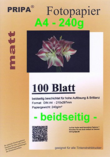 pripa 100 Blatt InkJet Fotopapier - matt beidseitig beschichtet - ohne Glanz -DinA4-210x297-240g - Tintenstrahldrucker von pripa