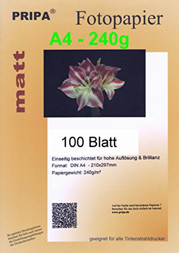 pripa 100 Blatt InkJet Fotopapier - matt beschichtet - ohne Glanz - DinA4-210 x 297 mm - 240g - Tintenstrahldrucker von pripa