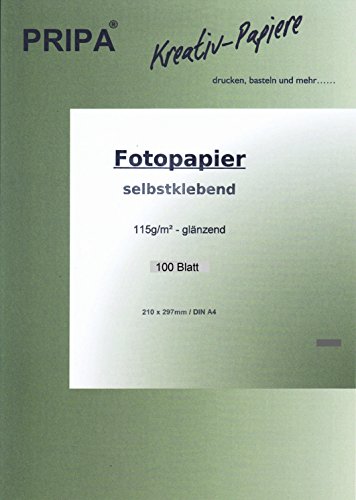 pripa 100 Blatt InkJet Fotopapier - selbstklebend - glossy glanz beschichtet - DinA4-210 x 297 mm - 115g - Tintenstrahldrucker von pripa