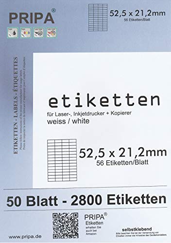 pripa 2.800 Etiketten 52,5 x 21,2 mm, 50 Blatt DIN A4 Selbstklebende Etiketten.Der Einzelbogen ist aufgeteilt in 56 Etiketten pro Bogen, 2.800Etiketten (50) von pripa