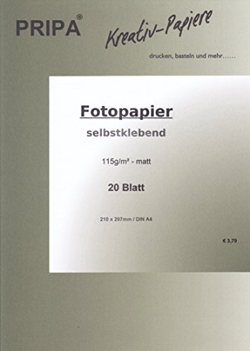 pripa 20 Blatt InkJet Fotopapier - selbstklebend - matt beschichtet - ohne Glanz - DinA4-210 x 297 mm - 115g - Tintenstrahldrucker von pripa