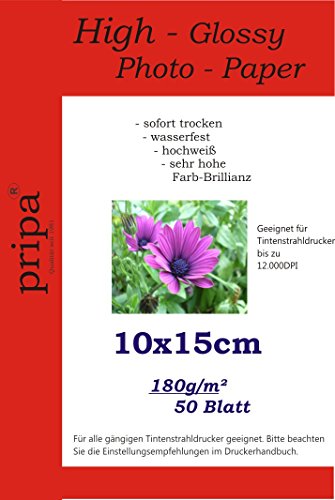 pripa 50 Blatt Fotopapier 10 x 15 cm, 180g/qm, high -glossy (hoch-glaenzend) -sofort trocken -wasserfest-hochweiß- fuer InkJet Drucker Tintenstrahldrucker von pripa