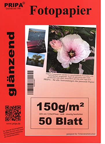 pripa 50 Blatt Fotopapier DIN A4, 150g/qm, high -glossy glaenzend -sofort trocken -wasserfest-hochweiß-sehr hohe Farbbrillianz, fuer InkJet - Tinten Drucker von pripa