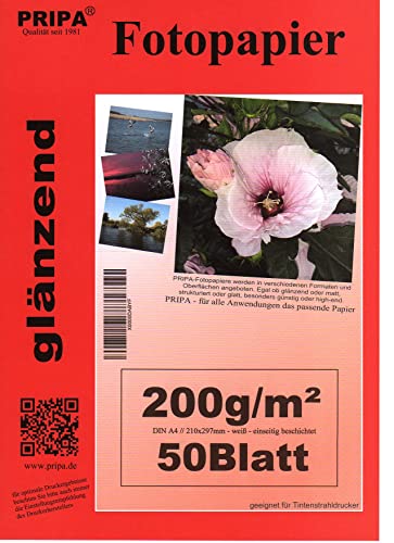 pripa 50 Blatt Fotopapier DIN A4, 200g /qm, high -Glossy hoch-glaenzend -sofort trocken -wasserfest- hochweiß -sehr hohe Farbbrillianz, Fuer Inkjet Drucker Tintenstrahldrucker von pripa