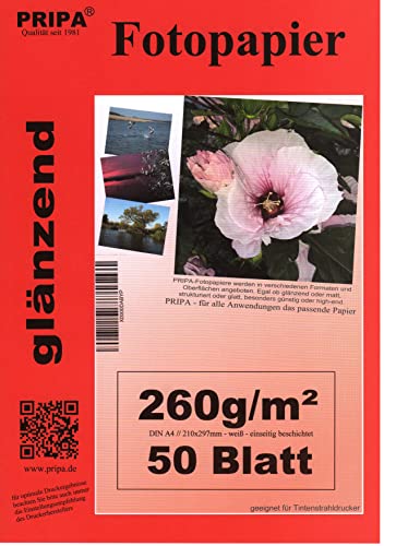 pripa 50 Blatt Fotopapier DIN A4, 260g /qm, high -glossy hoch-glaenzend -sofort trocken -wasserfest-hochweiß-sehr hohe Farbbrillianz, fuer InkJet Drucker Tintenstrahldrucker von pripa