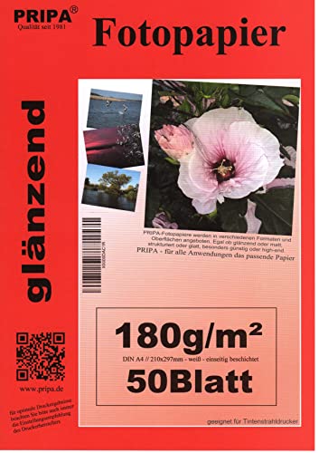 pripa 50 Blatt Fotopapier DIN A4 180g/qm glossy (glaenzend) hochauflösend fuer InkJet Drucker Tintenstrahldrucker von pripa