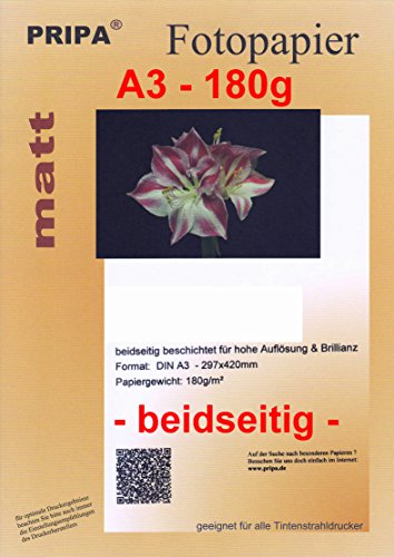 pripa 50 Blatt InkJet Fotopapier - matt beidseitig beschichtet - OHNE Glanz - DIN A3-180g - Tintenstrahldrucker von pripa