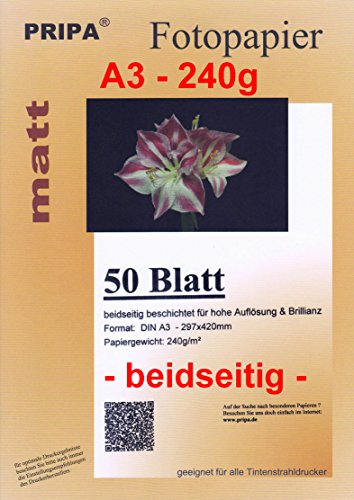 pripa 50 Blatt InkJet Fotopapier - matt beidseitig beschichtet - OHNE Glanz - DIN A3-240g - Tintenstrahldrucker von pripa