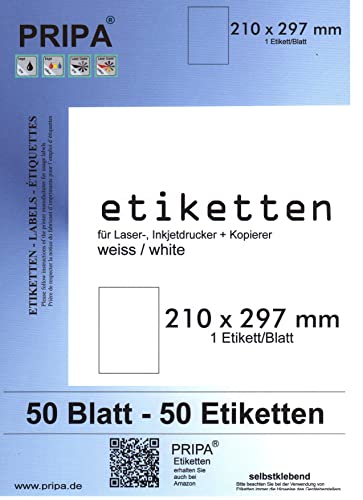 pripa 50 Etiketten A4 210 x 297 mm vollflächig selbstklebend weiß - allround Qualität … (50) von pripa