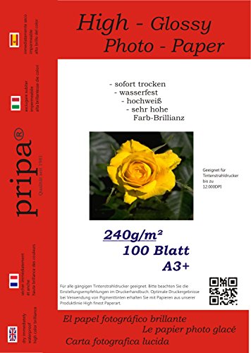 pripa - A3+ - 100 Blatt Fotopapier Photopapier DIN - A 3 + - 240g/qm - glossy glaenzend - sofort trocken - wasserfest - hochweiß - sehr hohe Farbbrillianz fuer InkJet Drucker Tintenstrahldrucker von pripa