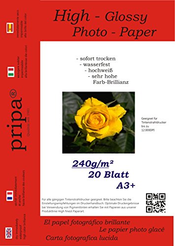 pripa - A3+ - 20 Blatt Fotopapier Photopapier DIN - A 3 + - 240g/qm - glossy glaenzend - sofort trocken - wasserfest - hochweiß - sehr hohe Farbbrillianz fuer InkJet Drucker Tintenstrahldrucker von pripa