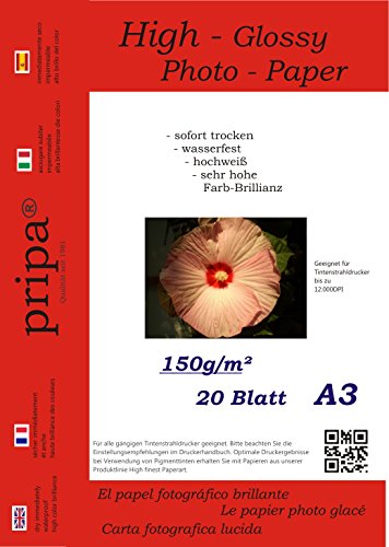 pripa - A3-20 Blatt Fotopapier Photopapier DIN - A 3-150g/qm - glossy glaenzend - sofort trocken - wasserfest - hochweiß - sehr hohe Farbbrillianz fuer InkJet Drucker Tintenstrahldrucker von pripa