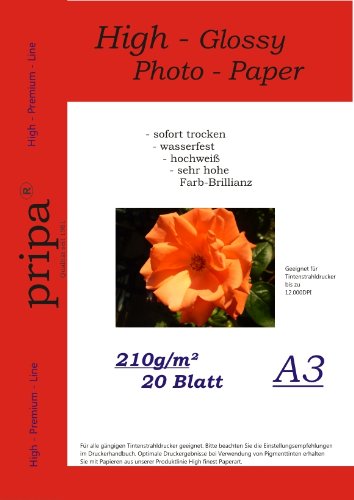 A3 pripa 20 Blatt Fotopapier Photopapier DIN A 3-210g /qm - glossy glanz - sofort trocken - wasserfest - hochweiß - sehr hohe Farbbrillianz fuer InkJet - Tinten - Drucker von pripa