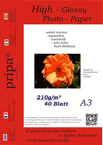 pripa - A3-40 Blatt Fotopapier Photopapier DIN - A 3-210g/qm - glossy glaenzend - sofort trocken - wasserfest - hochweiß - sehr hohe Farbbrillianz fuer InkJet Drucker Tintenstrahldrucker von pripa