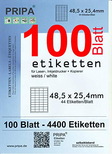 pripa - Amazon FBA Versand Etiketten 48,5 x 25,4 mm - 44 Stueck auf A4 100 Blatt DIN A4 selbstklebende Etiketten = 4400 Etiketten von pripa