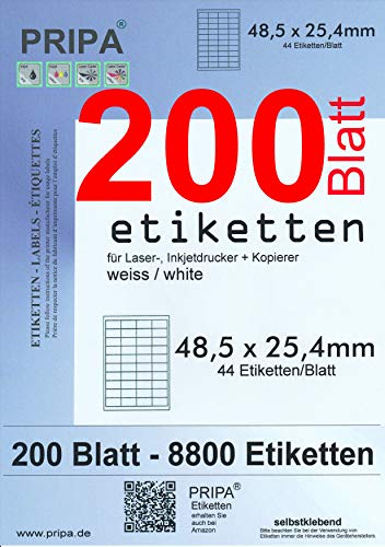 pripa - Amazon FBA Versand Etiketten 48,5 x 25,4 mm - 44 Stueck auf A4 200 Blatt DIN A4 selbstklebende Etiketten = 8.800 Etiketten von PRIPA