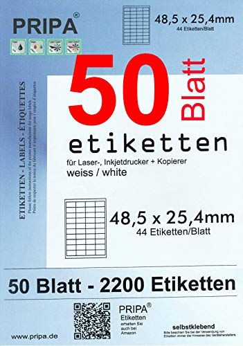 pripa - Amazon FBA Versand Etiketten 48,5 x 25,4 mm 44 Stueck auf A4-50 Blatt DIN A4 selbstklebende Etiketten = 2200 Etiketten von PRIPA