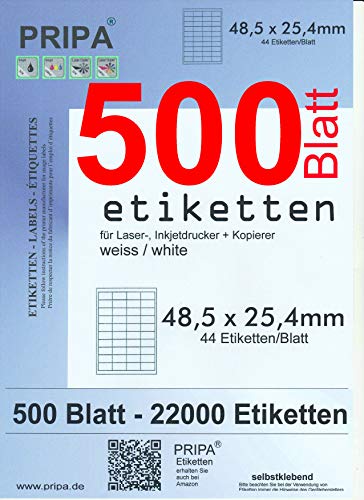 pripa - Amazon FBA Versand Etiketten 48,5 x 25,4 mm - 44 Stueck auf A4 MaxiPack 500 Blatt DIN A4 selbstklebende 22.000 Etiketten von pripa