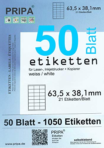 pripa - Amazon FBA Versand Etiketten 63,5 x 38,1 mm - 21 Stueck auf A4-50 Blatt DIN A4 selbstklebende Etiketten - DHL Post von pripa