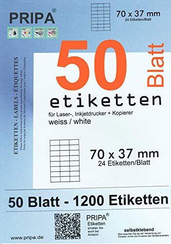 pripa - Amazon FBA Versand Etiketten 70,0 x 37,0 mm - 24 Stueck auf A4-50 Blatt DIN A4 selbstklebende Etiketten - DHL Post von pripa