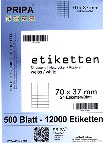 pripa - Amazon FBA Versand Etiketten 70,0 x 37,0 mm - 24 Stueck auf A4 - Großpackung 500 Blatt DIN A4 selbstklebende Etiketten - DHL Post von PRIPA