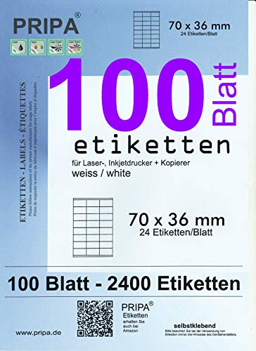 pripa - Amazon FBA Versand Etiketten 70 x 36 mm - 24 Stueck auf A4 100 Blatt DIN A4 selbstklebende Etiketten DHL Post von pripa