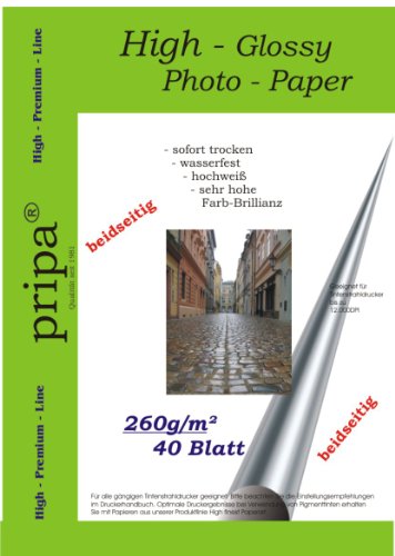 BEIDSEITIG pripa 40 Blatt Fotopapier DIN A4 260g/qm - beidseitig glossy (glaenzend) - sofort trocken - wasserfest - hochweiß - sehr hohe Farbbrillianz fuer InkJet Drucker (Tintenstrahldrucker). von pripa