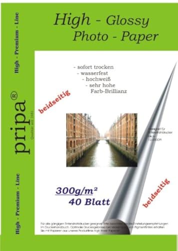 pripa BEIDSEITIG 40 Blatt Fotopapier Photopapier DIN A4 300g/qm - beidseitig Glossy (glaenzend) - sofort trocken - wasserfest - sehr hohe Farbbrillianz Fuer Inkjet - Tinten - Drucker von pripa