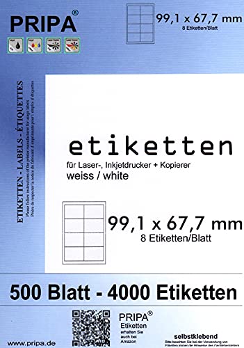 pripa - Etikett 99,1 x 67,7 mm Format - 8 Stueck auf A4 - Großpackung 500 Blatt DIN A4 selbstklebende Etiketten - DHL-Post von pripa