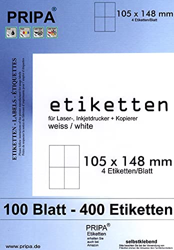 pripa - Etiketten 105 x 148-4 Stueck auf A4-100 Blatt - weiß - DIN A4 Selbstklebende Etiketten 3424 von pripa