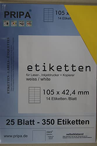 pripa - Etiketten 105 x 42-14 Stueck auf A4-25 Blatt - gelb - DIN A4 Selbstklebende Etiketten 3653 von pripa