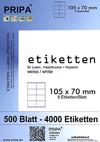 pripa - Etiketten 105 x 70 mm - 8 Stueck auf A4 - Großpackung 500 Blatt DIN A4 selbstklebende Etiketten - DHL Post von pripa