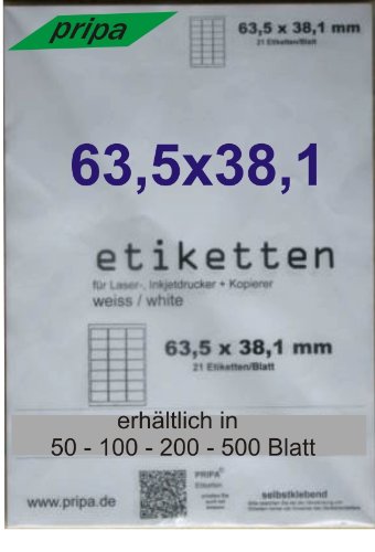 pripa - Etiketten 63,5 x 38,1-21 Stueck auf A4-200 Blatt DIN A4 selbstklebende Etiketten DHL Post von pripa