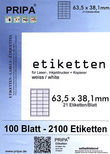 pripa - Etiketten 63,5 x 38,1 mm - 21 Stueck auf A4-100 Blatt DIN A4 selbstklebende Etiketten DHL Post von pripa