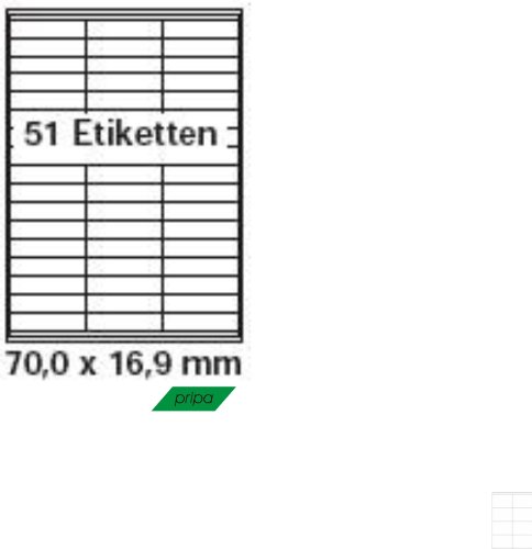 pripa - Etiketten 70 x 16,9 mm - 51 Stueck auf A4 - Bigpack 500 Blatt DIN A4 selbstklebende Etikett 3420 von pripa