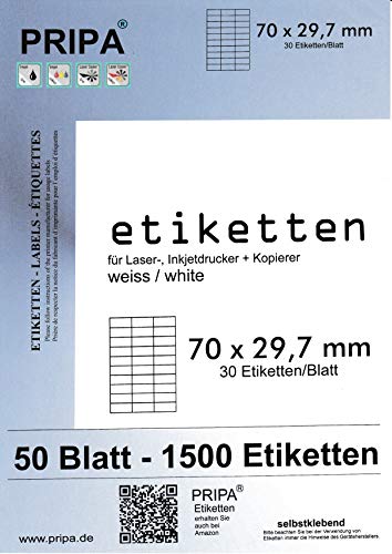 pripa - Etiketten 70 x 29,7 mm - 30 Stueck auf A4 50 Blatt bedruckbar selbstklebende Etiketten, 1.500 Etiketten von pripa