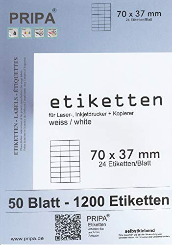 pripa Etiketten 70 x 37 mm, 50 Blatt DIN A4 Selbstklebende Etiketten. 24 Etiketten pro Bogen - 3 Spalten - 8 Reihen - 1200 Etiketten (50a) von pripa