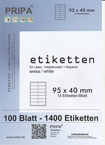 pripa - Etiketten 95 x 40 mm - 14 Stueck auf A4-100 Blatt DIN A4 selbstklebende Etiketten von pripa