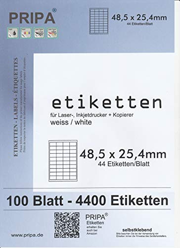 pripa Etikettenformat 48,5 x 25,4 mm 100 Blatt DIN A4 selbstklebende Etiketten von pripa